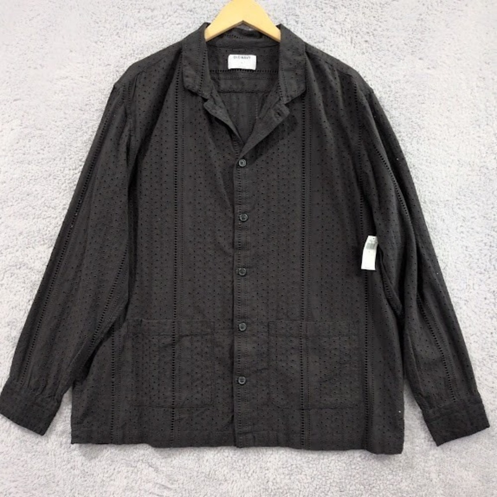 Old Navy Button-Front Eyelet Shirt Men's XL Black Long Sleeve Camp Collar NWT